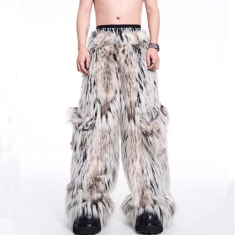 FEWQ 2024 Winter New Men Two-piece Niche Fur Plush Long Sleeved Coats Large Pocket Decoration Casual Trousers Men's Suit 24E5008 5