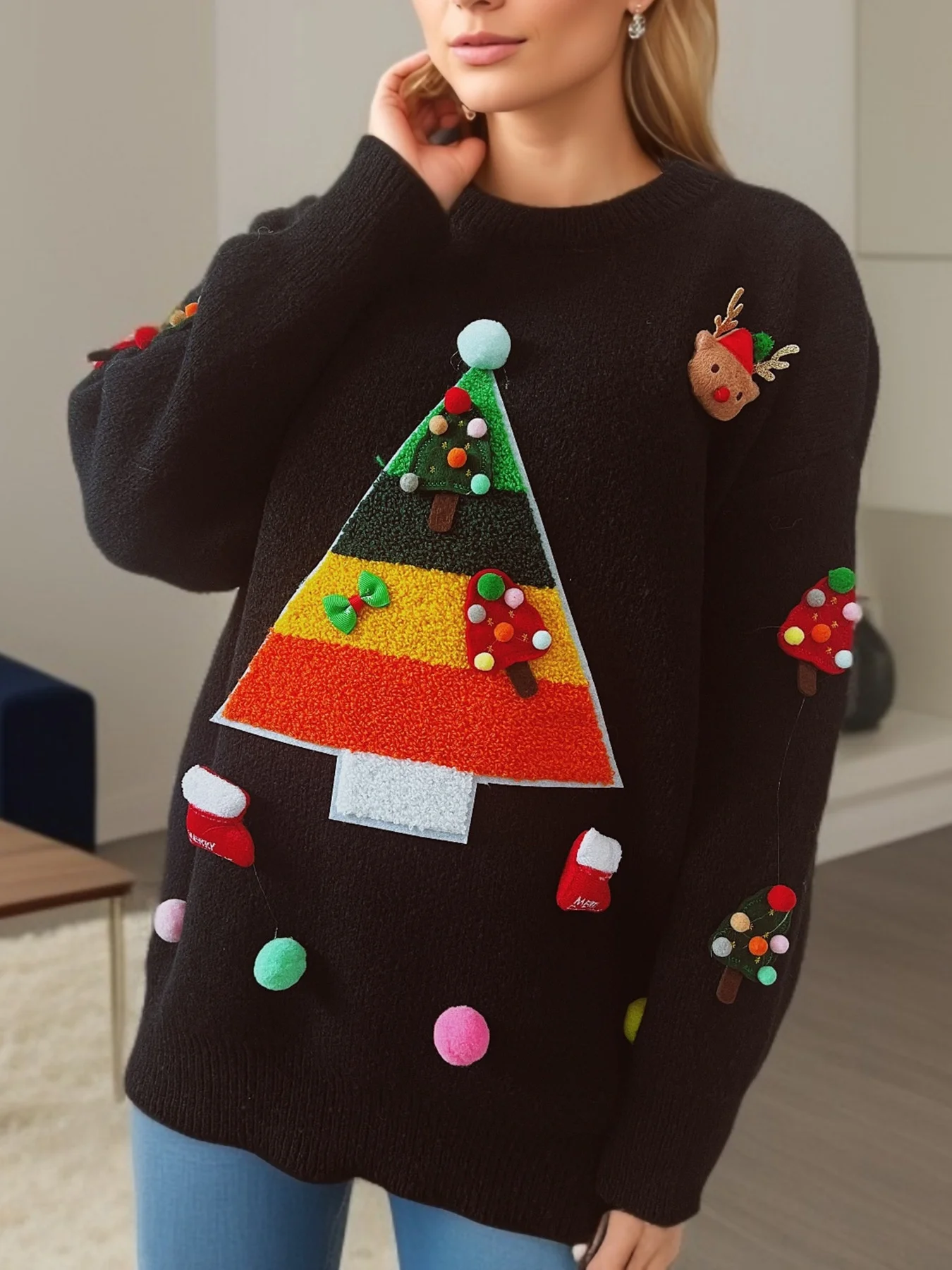 thumbnail image 1 of Suéteres de jacquard con diseño de árbol de Navidad para otoño e invierno para mujer, suéter de punto de cuello redondo holgado y adelgazante, blusas estampadas de moda para mujer, 1 of 5