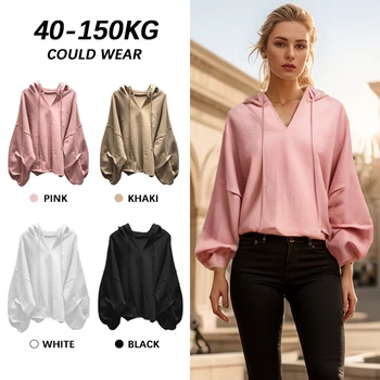 【Plus Size Hoodie】(150kg Could Wear) Ready stock women long sleeve thin oversize hoodie velvet puff sleeve pullover outerwear