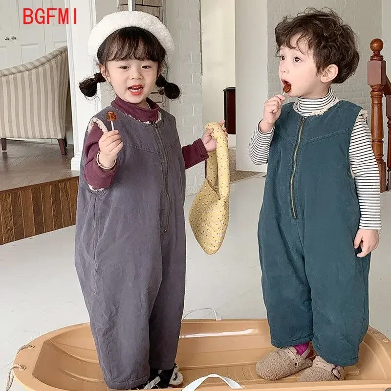 Children's Jumpsuit Plus Velvet Thicken Winter Warm Trousers Kids Girls Fleece-lined Pants Boys Fashion Cargo Overalls rompers baby trousers cotton pants baby leggings