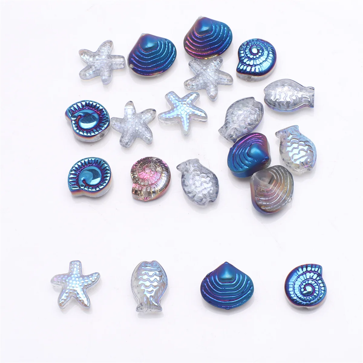 20 Pcs Mixed Shape Starfish Snail Shell Small Fish Crystal Glass Loose Beads for DIY Jewelry