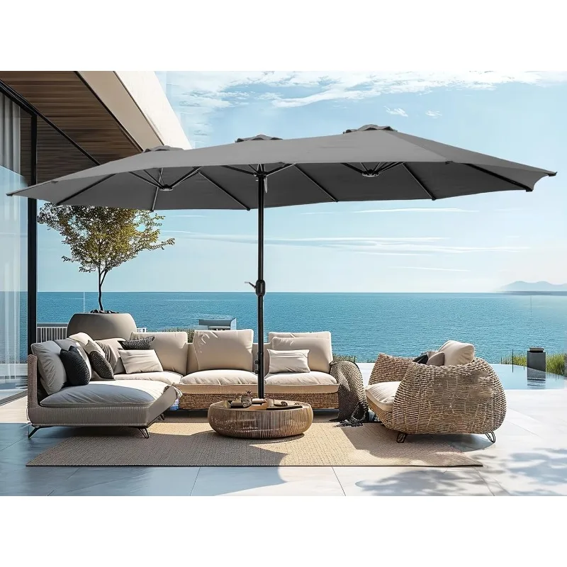 15ft Large Patio Umbrellas with Base, Outdoor Double-Sided Rectangle Market Umbrella for Pool Lawn Garden, Light Gray 2