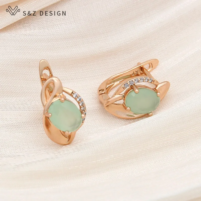 S&Z DESIGN New Fashion Green Egg Shape Crystal Dangle Earrings For Women Wedding Elegant 585 Rose Gold Color Jewelry