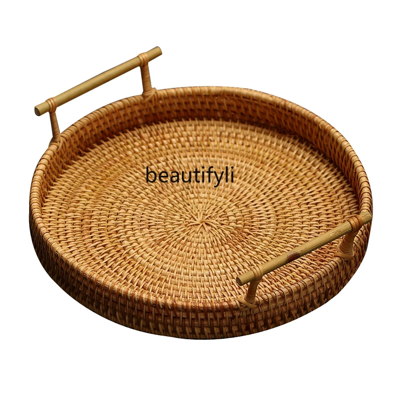 

LBX Rattan Double Ear Xiang Fei Fruit Tray Disc Tea Tray Bread Candy Fruit Snack Basket Storage Basket