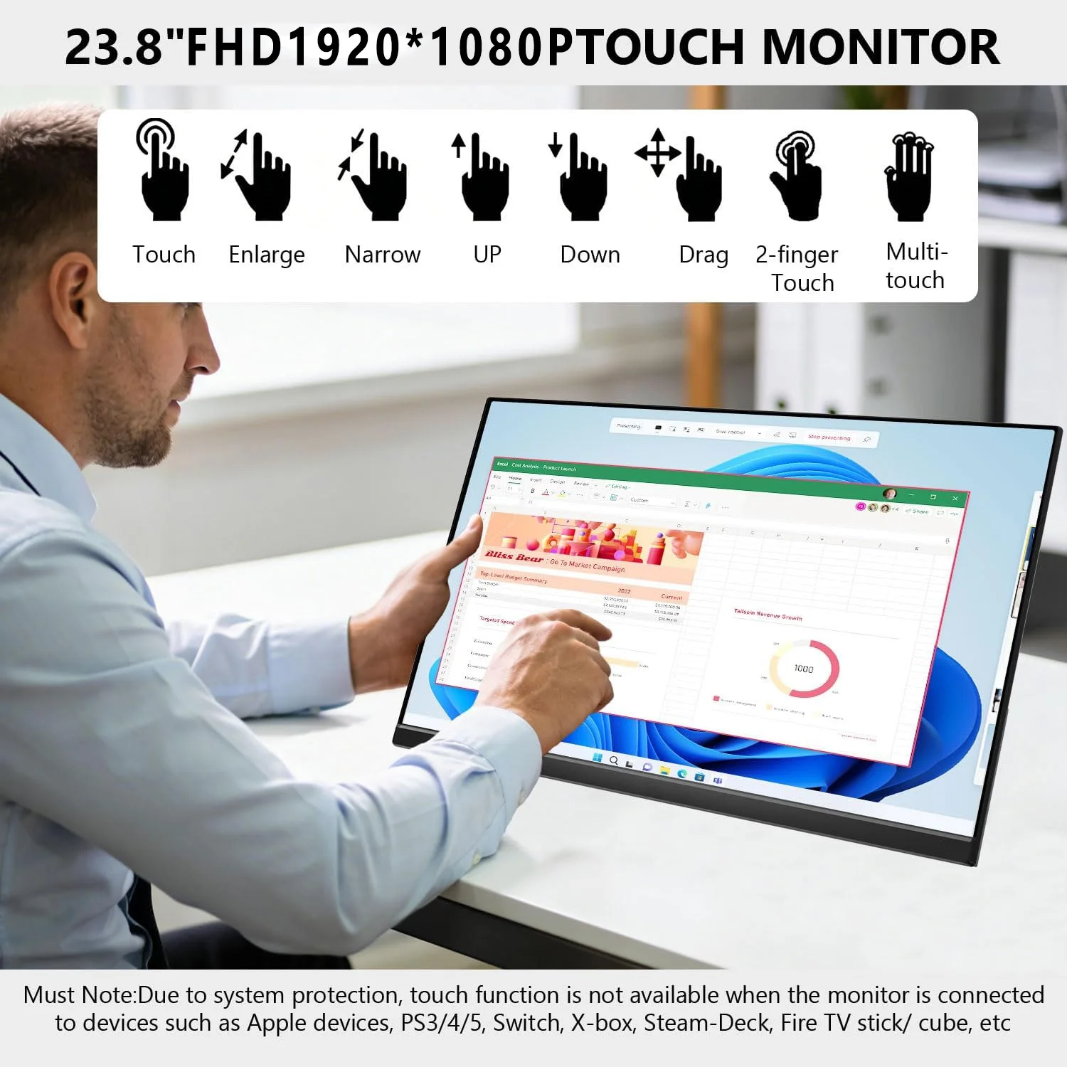 AHXJKA 23.8인치 120HZ 휴대용 터치 모니터 1920*1080P FHD IPS는 휴대폰 노트북 PS4/5용 Type-C 미니 HDMI와 원라인 연결 가능