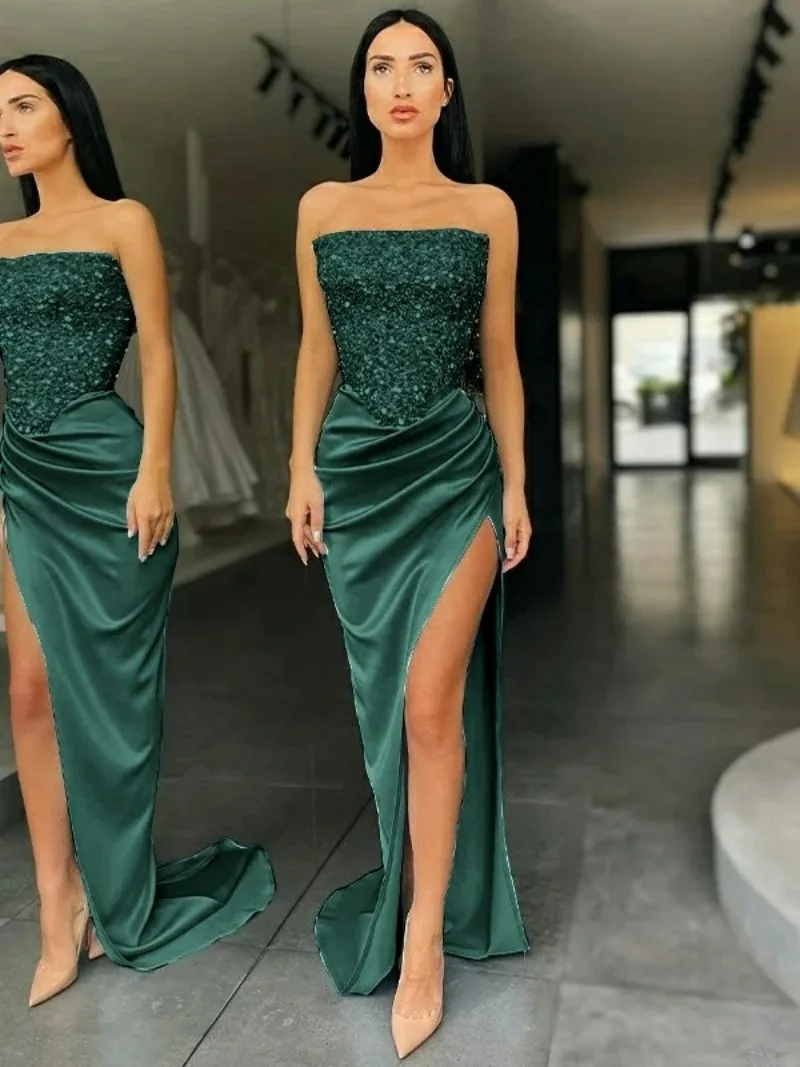 

Sexy Green Prom Dress for Women Strapless Evening Dress Sequin Lace Pleat Slit Party Dress Robe De Soiree Long Cocktail Dress