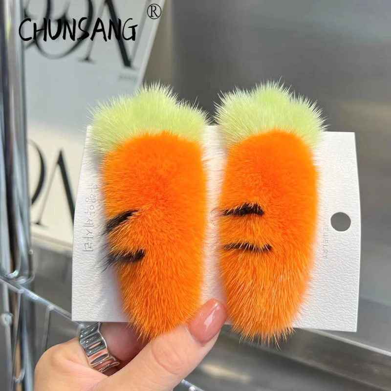 Carrot Real Mink Fur Kids Hair Clips for Girls Claws Headwear Hairpins Crab for Women Girls Hair Accessories Headbands Hairbows ercf enrager rabbit carrot feeder multi material mmu kit erb board for voron 2 4 switchwire trident 3d printing accessories