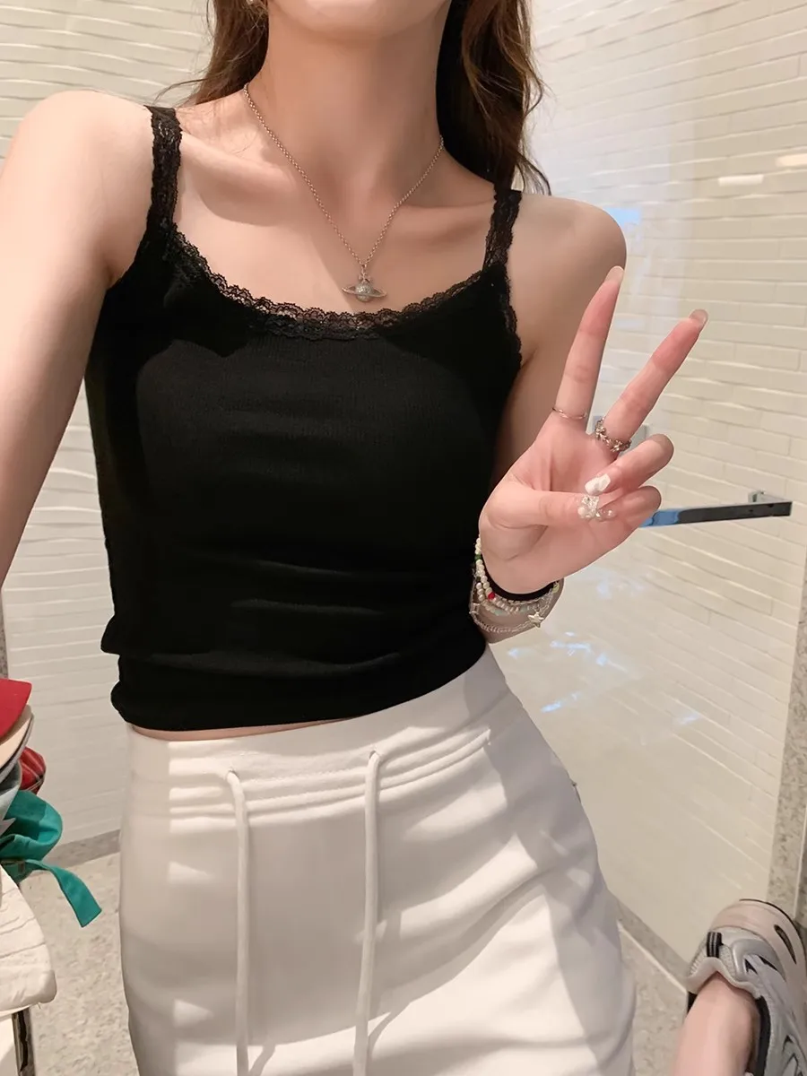 White Lace Crop Top Women's Summer Svel Vest Sweet And Spicy Slimming ort Trendy Cotton Blend Comfortable Innerwear