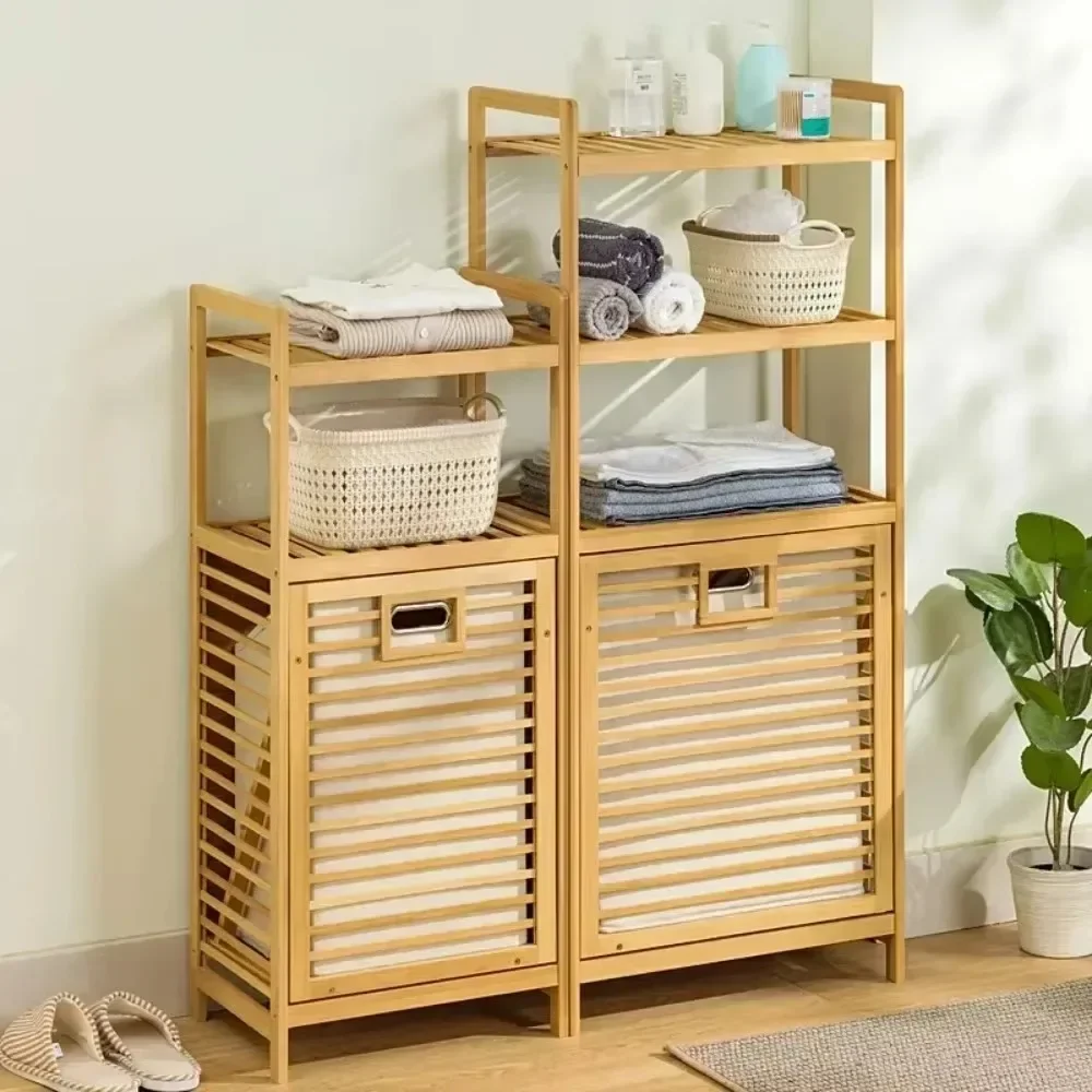 Laundry Hamper with Shelf Wooden Storage Baskets Bathroom Rack Bamboo Laundry Basket Laundrys Hamper With Shelfs Tilt Out Basket