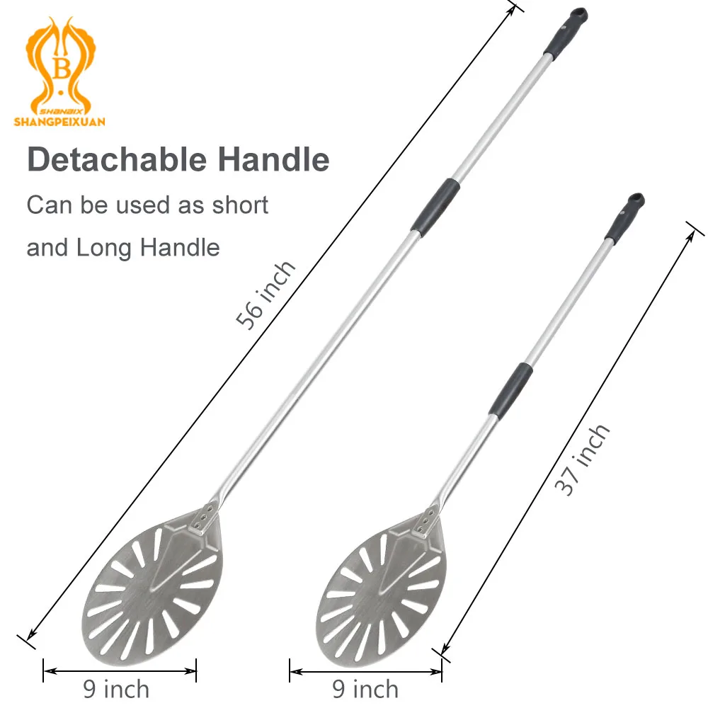 Pizza Peel 56 Inch Pizza Turning Peel Stainless Steel Round Long Handle Pizza Shovel Detachable Perforated Peel Paddle