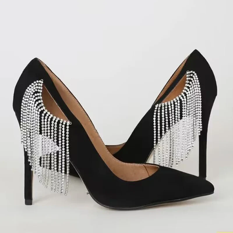 

Woman Side Hollow Glitter Rhinestone Chains Tassel Pumps Pointed Toe Stiletto High Heel Shoes Crystal Fringe Banquet Tacones