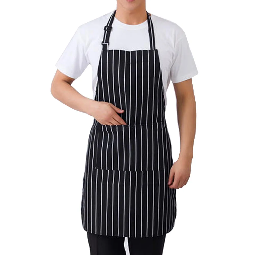 New Adjustable Apron For Men Women Striped Hotel Restaurant Chef Waiter Waitress Baking Aprons With Pockets Kitchen Cook Uniform