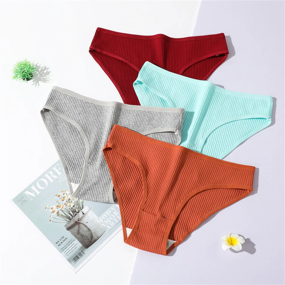 

12pcs Pure Cotton Ribbed Women'S Briefs Solid Color Low-Waisted Seamless Sexy Butt-Lifting Breathable Double-Layer Underwear