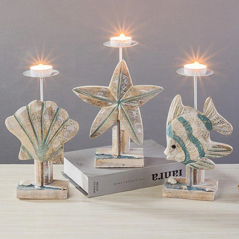 Mediterranean Style Fish-shaped Candlestick Handicraft Gifts Wooden Starfish Candlestick Display Rack Home Desktop Decoration