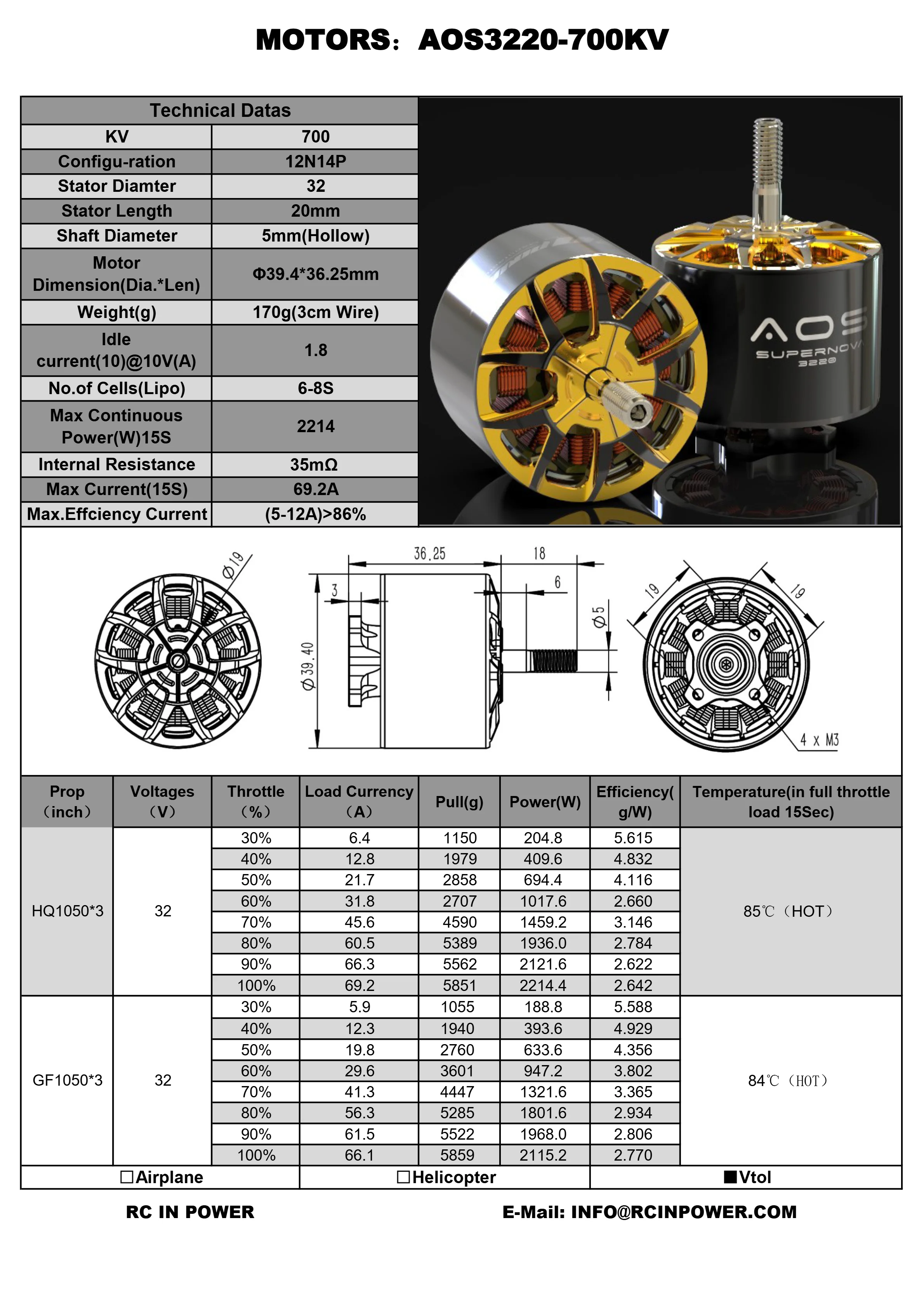 Rcinpower AOS Supernova 3220 Motor-700KV 6-8S 925KV 5-6S Шестерня для крыла/Cinelifter Drone с 10-дюймовым пропеллером 1050 Lifter thumbnail 5