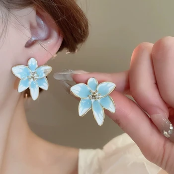 925 Silver Needle Korean Fashion Big Blue Flower Earrings For Women Jewelry 2025 Trending New Sweet Women's White Earrings Gifts
