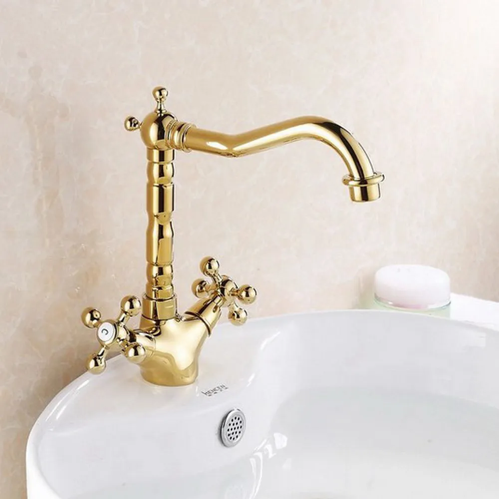 

NEW Golden Brass Bathroom Wash Basin Faucet Swivel Spout Faucets Dual Cross Handle Mixer Vessel Sink Taps lsf096