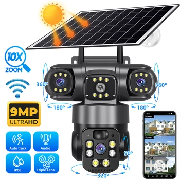 9MP Full HD Solar WiFi Camera 3 Screen 3 Lens 10X Zoom PIR Human Detect Camera Surveillance Night Vision Security Protection 1