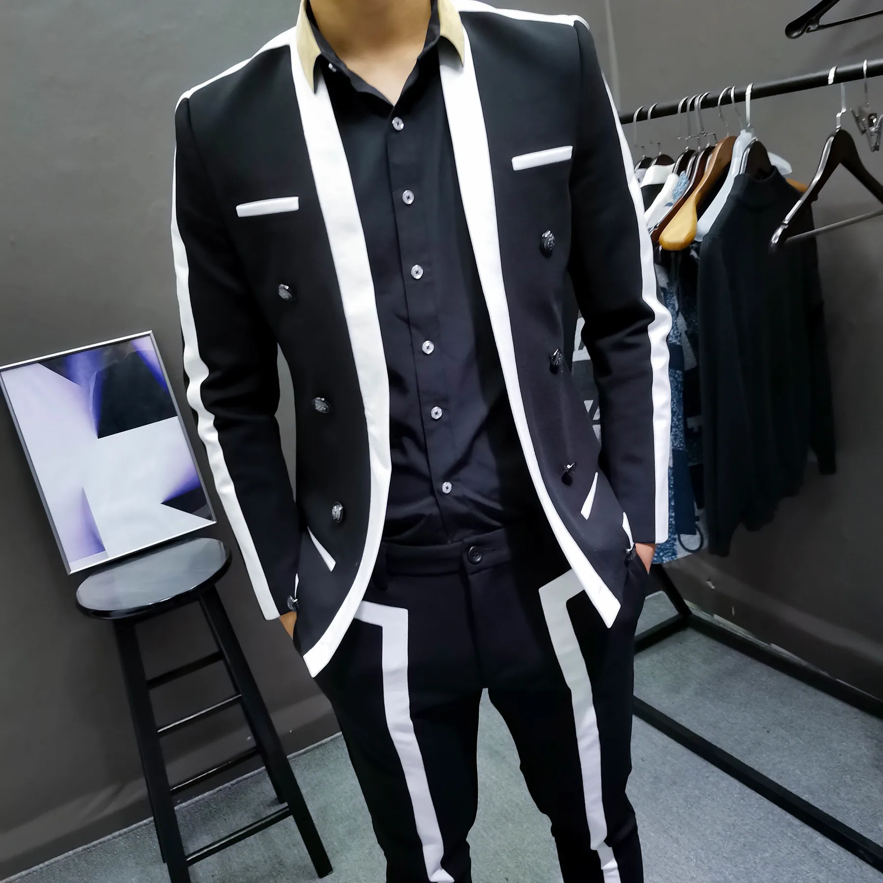 Trajes De Hombre Contrast Stripe Blalck White Suit Male Wedding Groom Suit Spring Disguised Men Slim Stage Outfit Men Party