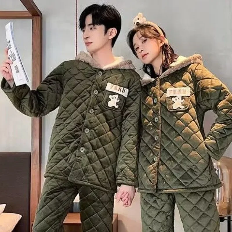 Couple Pajamas Women Winter Three Layers Cotton Coral Velvet Plush Nighty Thickening Warmth Men Home Wear Two-piece Set Outdoor