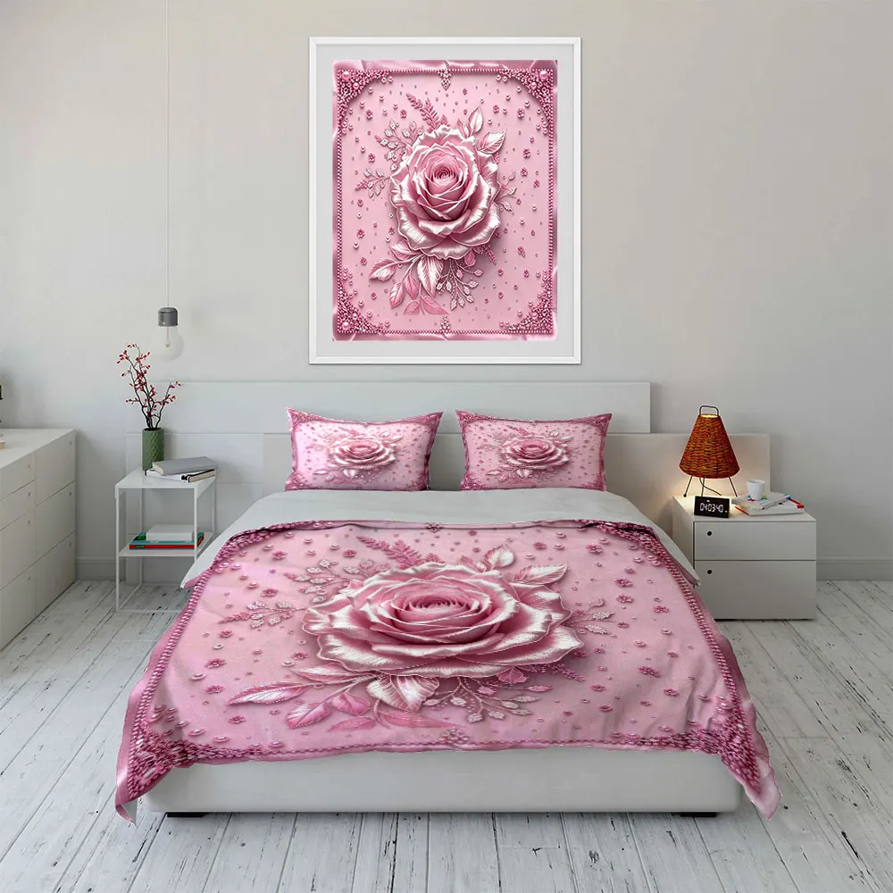 3D Pink Rose Embossed Bedding Set 3PCS Pearl Floral Print Duvet Cover with Pillowcases Luxury Romantic Style for Bedroom, Gift 6
