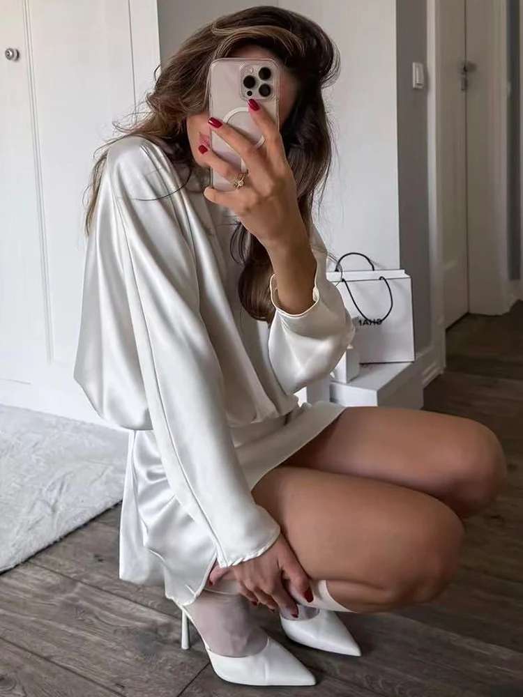 Women Mini Dresses With Scarf Chic Loose Turtleneck Long Sleeve Solid Dress Autumn 2025 New Lady Fashion Vacation Dresses