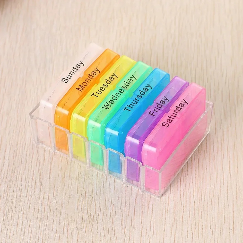 Colorful Weekly Pill Organizer with 7-Day 28-Compartment Design and Braille Labels for Secure Health Storage