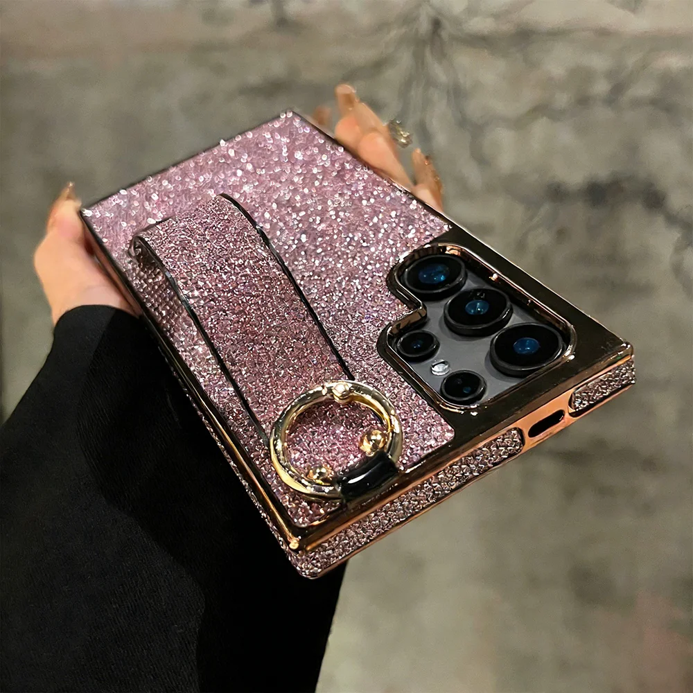 Bling Glitter Sparkling Wristband Holder Grip Case with Electroplated Cover and Wrist Strap