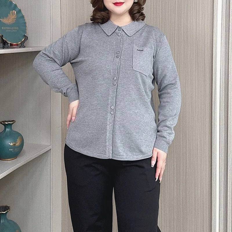 2024 Autumn Winter New Lapel Knitted Cardigan Women Plus Size Loose Jumpers Casual Embroidered Pocket Sweater 4045