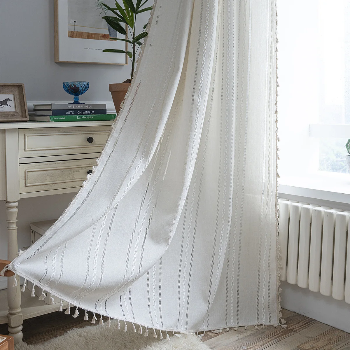 

Solid Color Semi-Shading Curtains Bohemian Style With Tassel Rod Pocket Curtains For Living Room Bedroom Curtains