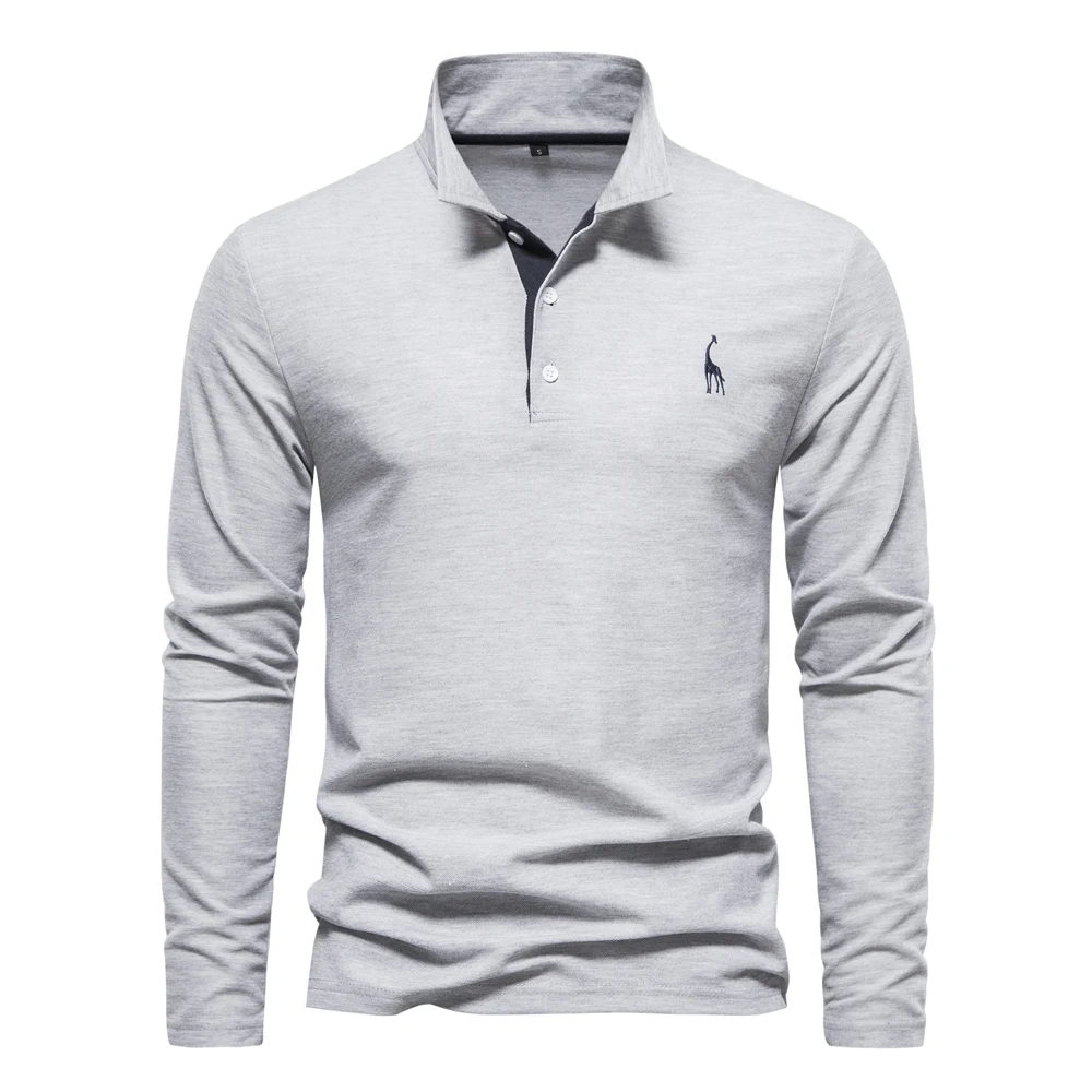 AIOPESON Deer Embroidery Men's Polo Shirts Solid Color Long