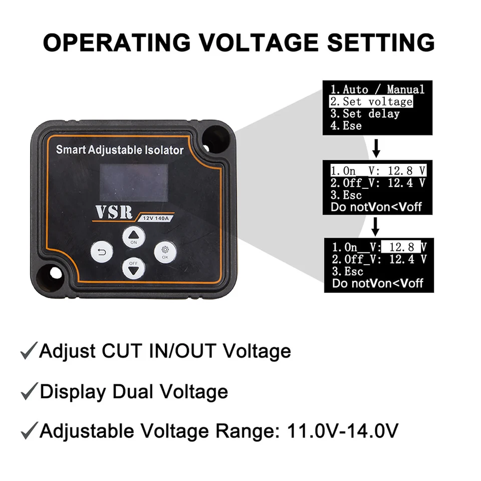 Heart Horse 12V 140A batterij scheider koppelingsset dubbele handmatige/ automatische modi, VSR batterijscheider koppeling met led-display, geschikt voor vrachtwagens, campers