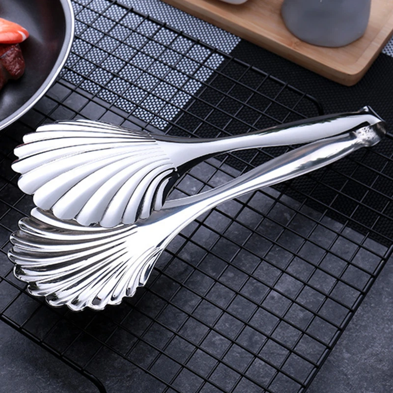 Shell-shape Silver Stainless Steel Food Tongs Multi-functional Bread Clamp Barbecue Steak Clips Non-Stick Cake Tong Kitchen Tool