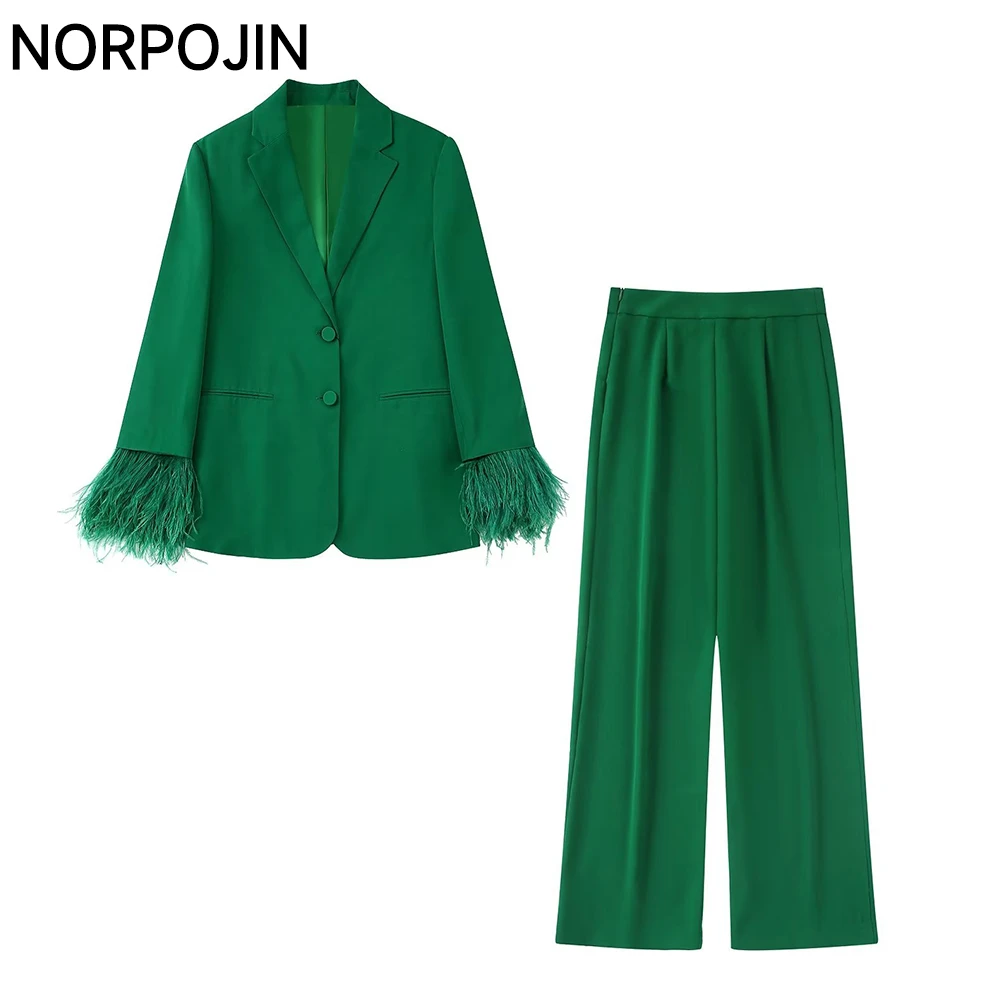 Green Feather Cuffs Blazers Set Woman 2 Pieces Women's Suit Suits for