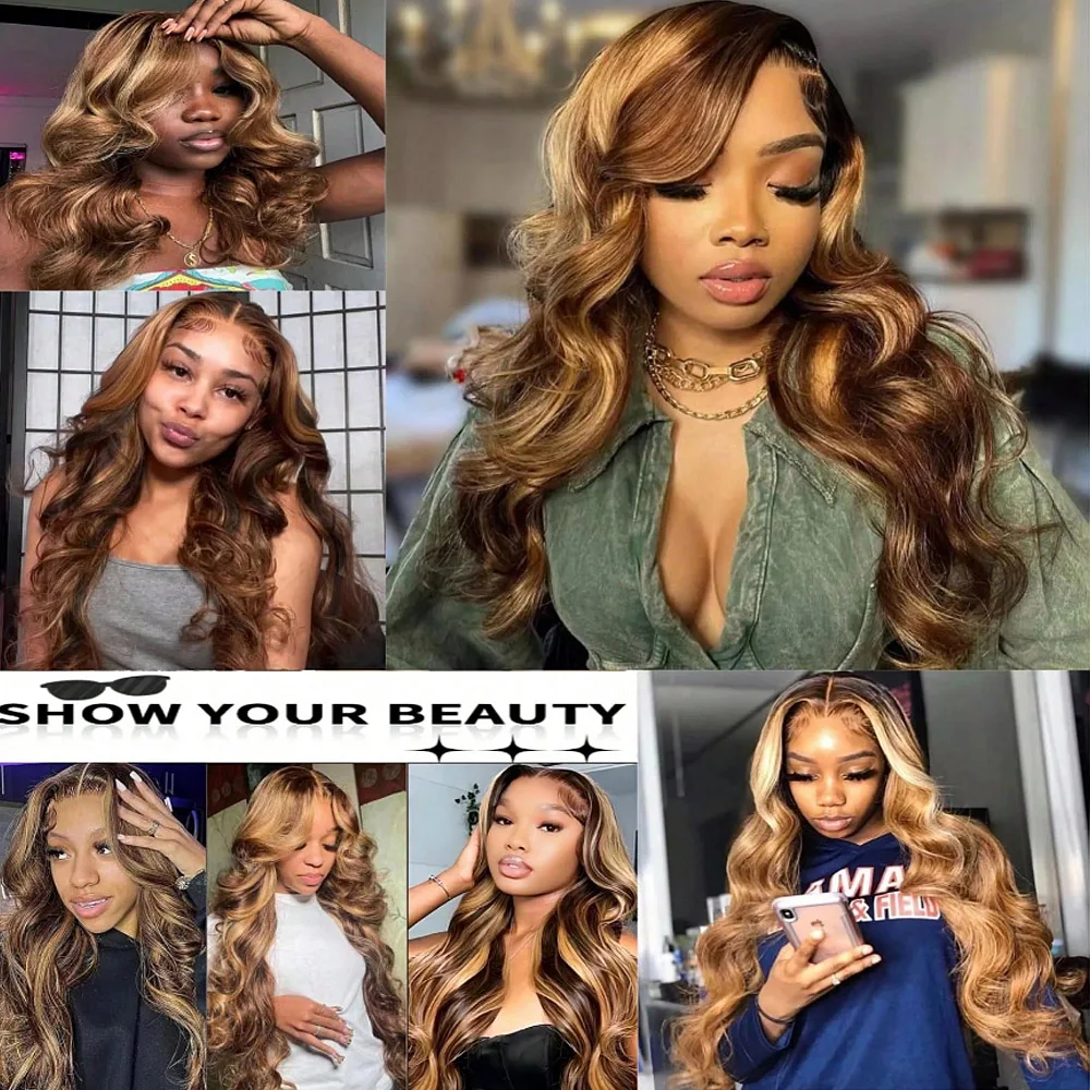 200% Density 32 Inch 4/27 Highlight Body Wave Brazilian Human Hair Wig HD Transparent 13x4 Body Wave Part Lace Front Wig