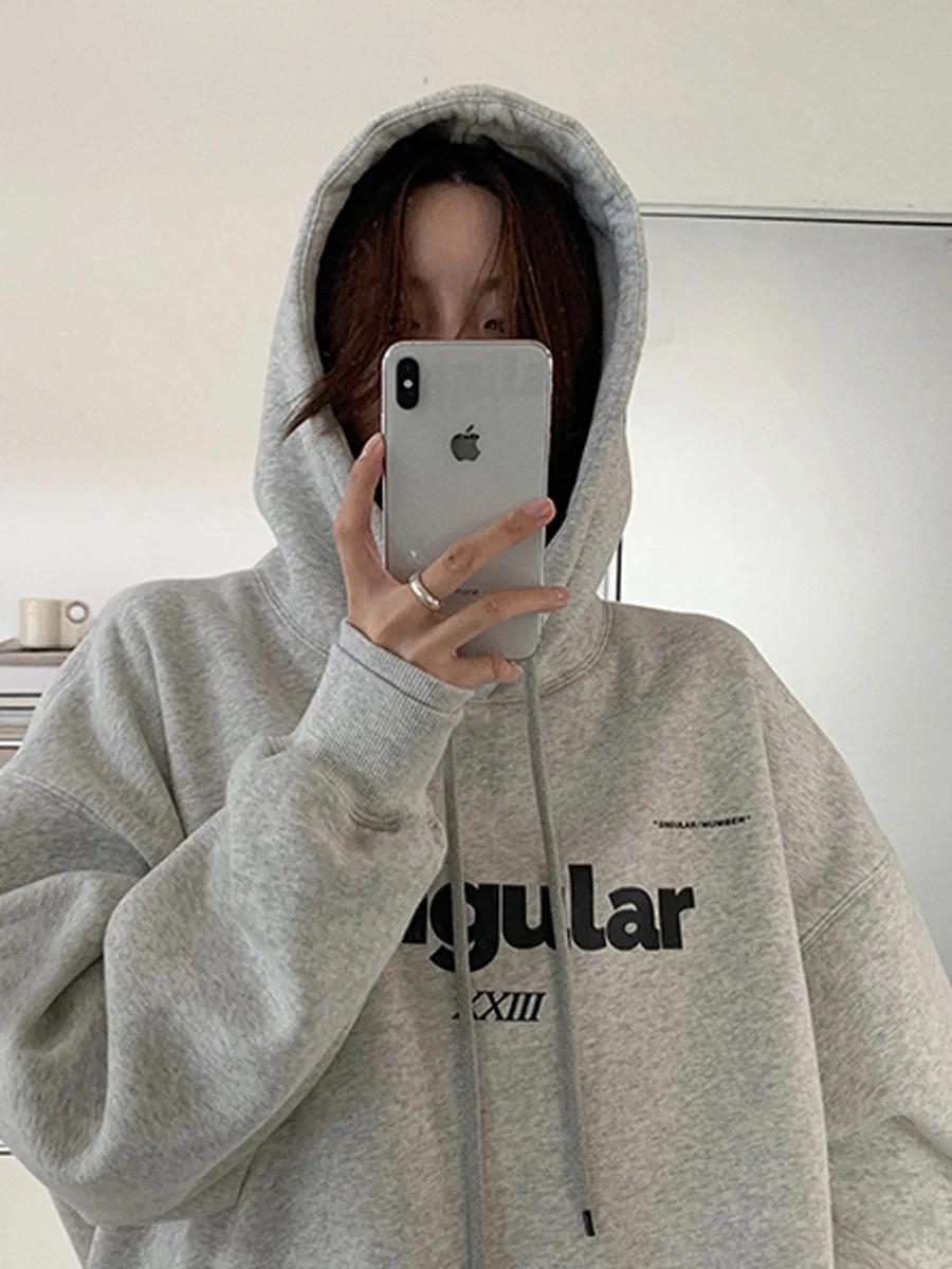

Grey hooded hoodie for women in autumn and winter, American style loose design, plush and thickened oversize, lazy and trendy