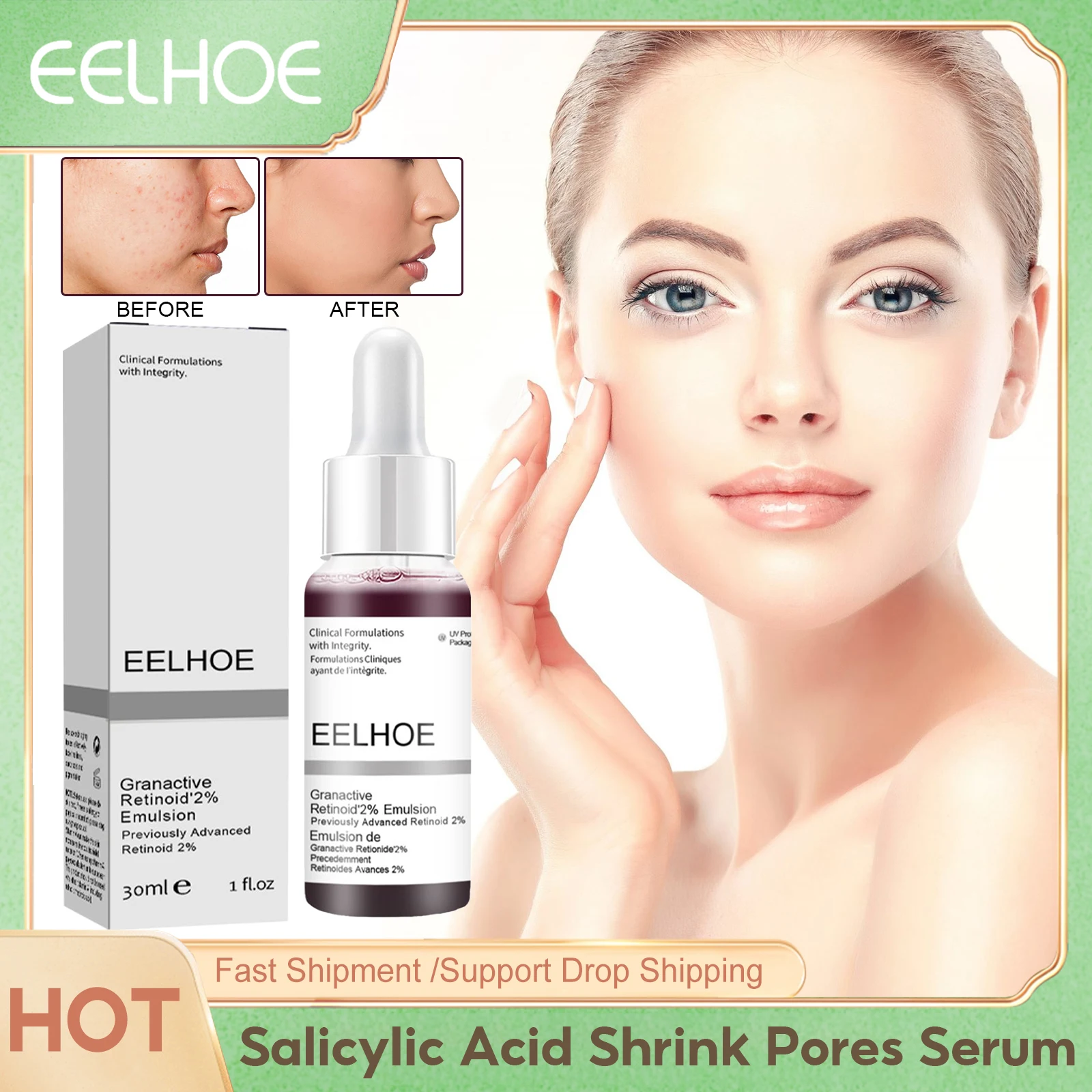 EELHOE Pores Shrinking Serum Salicylic Acid Moisturizing Essence Remove Blackhead Acne Tighten Smooth Brightening Face Skin Care