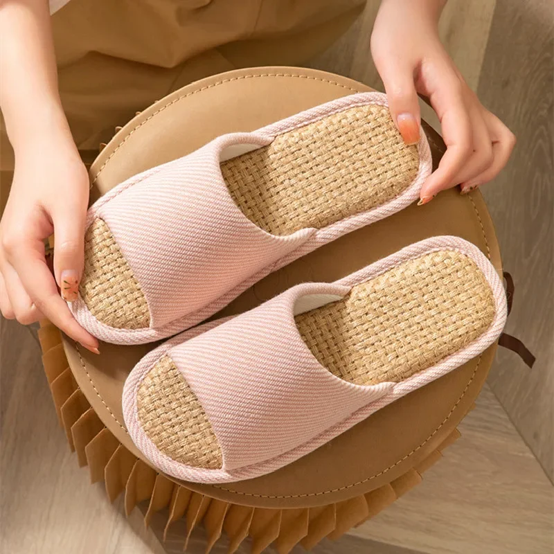 Huislinnen Slippers Mannen Vrouwen Koppels Zachte Dikke Bodem Indoor Huis Anti-Slip Ademend Hennep Slides Japanse Stijl Schoenen