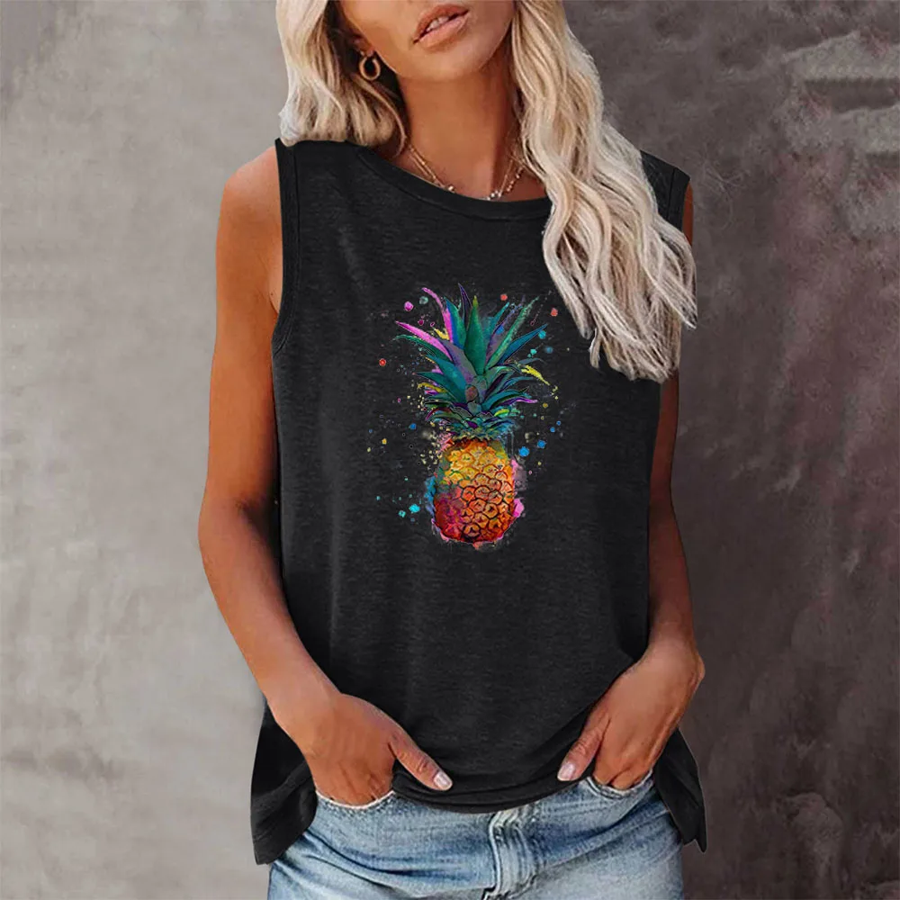 

Seeyoushy Colour Pineapple Print Harajuku Trend Fashion T-shirt Summer New Women's O-neck Sleeveless T-shirt Y2K Aesthetic Top