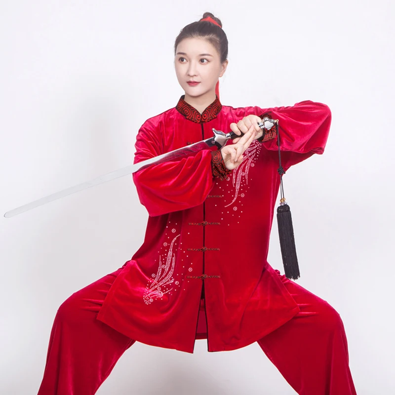 

Костюм Tai Ji женский элегантный золотой бархатный осенний костюм Горячая Женская одежда для упражнений для бокса зимняя утепленная длинная