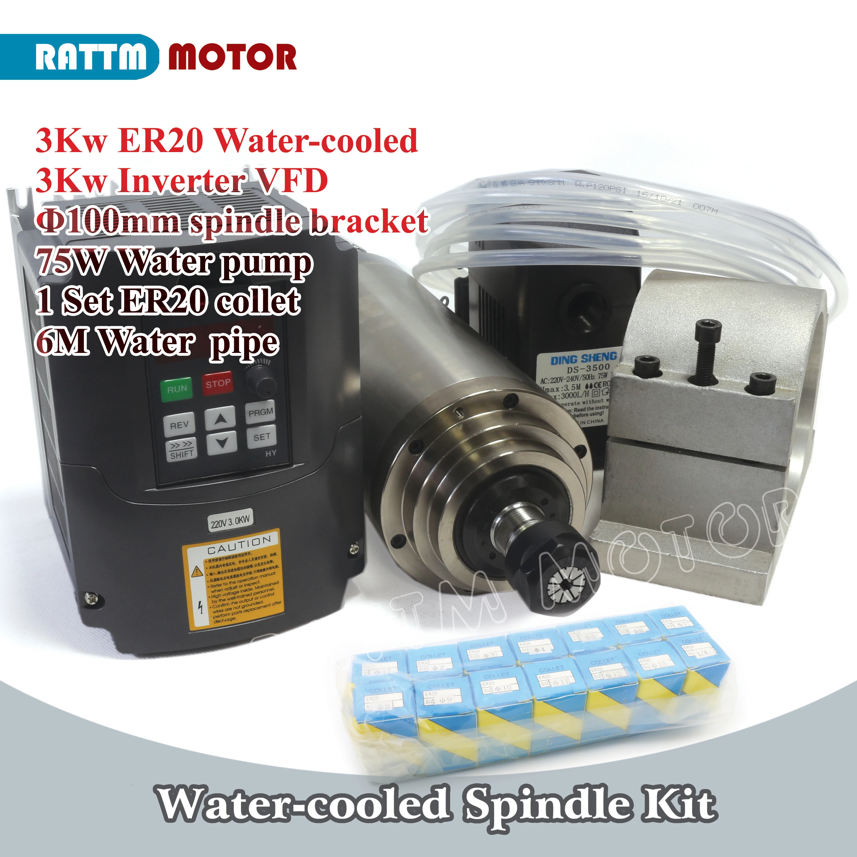 CNC Water Cooled Spindle Motor Kit 3KW 220V ER20 & Huan Yang Inverter