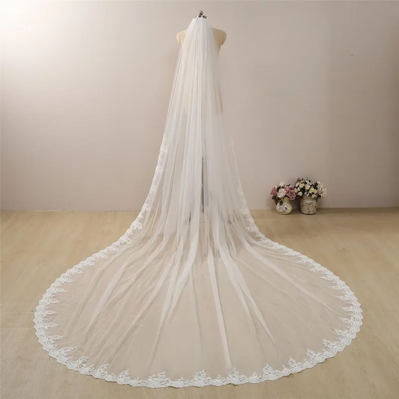 Long Lace Wedding Veil 4 Meters White Ivory Bridal Veil with Comb Blusher Bride Headpiece Wedding Accessories