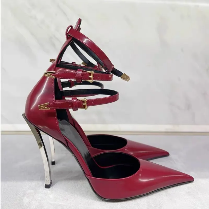 Metal Stiletto Heel Pointed Toe Patent Leather Hollow Shallow Mouth Sandals Foreign Trade Cross-Border Belt Buckle Single Shoes