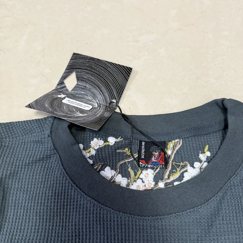 未使用 DERSCHUTZE 桜刺繍 ホワイト メッシュ 長袖カットソー S White Waffle Long Sleeve Derschutze Cherry Blossom Embroidery T