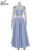 Oymimi Fashion Blue Print Sets For Women 2 Pieces Autumn Spaghetti Strap Lace Bra And High Waisted Loose Pleated Skirts Sets - Image 5