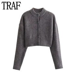 TRAF 2024 Grey Knitted Cardigan Woman Winter 2023 Knit Cropped Cardigan Women Long Sleeve Autumn Short Sweaters And Jumpers