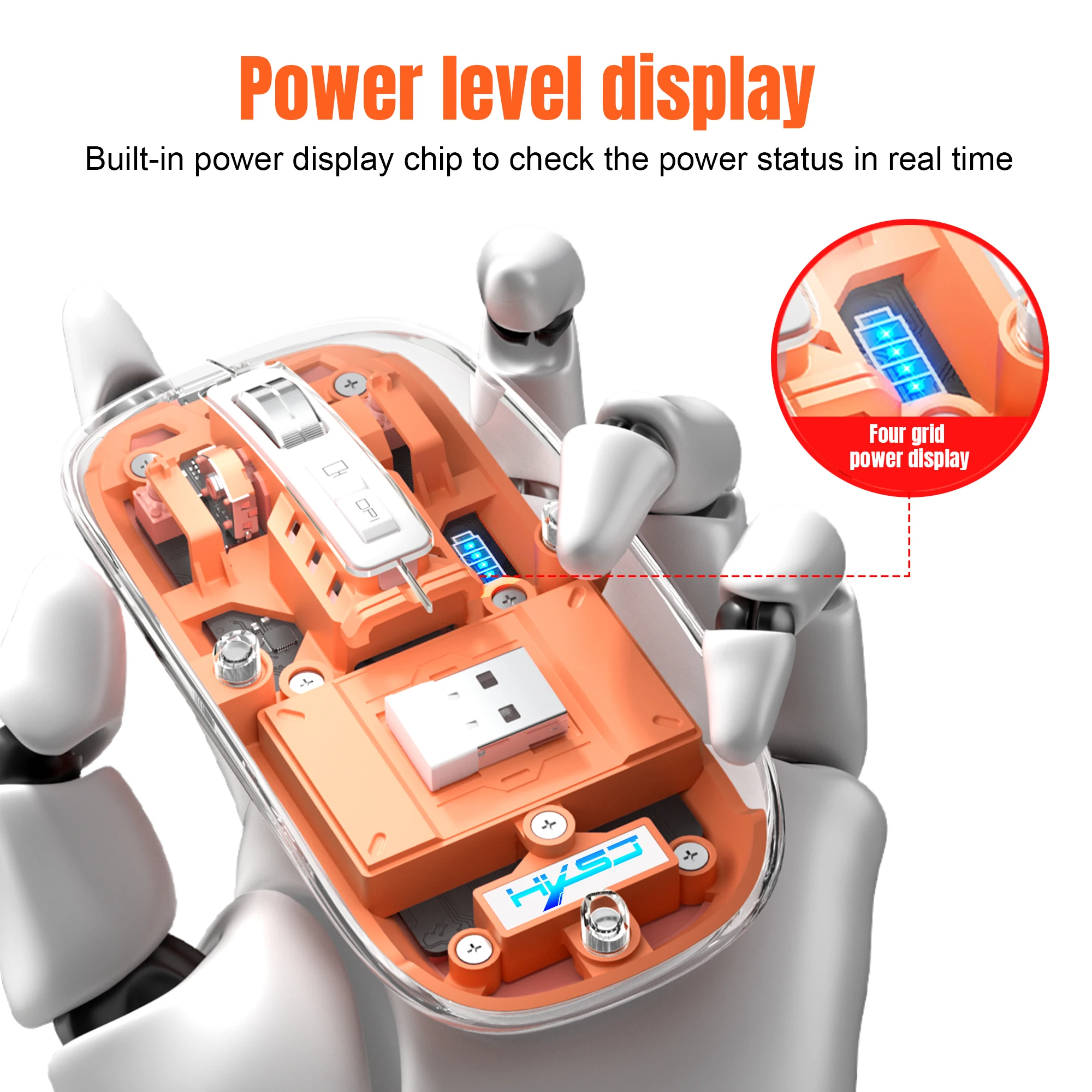 3 Modes Wireless Bluetooth Transparent Mouse 2.4G USB 2400DPI Adjustable Rechargeable Battery Display Mice for ipad Mipad Laptop