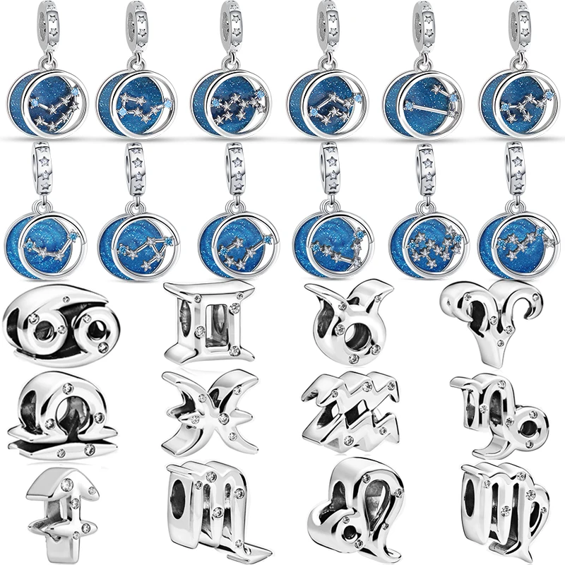 

Fit Original Pandora Charms Bracelet DIY Jewelry New 925 Sterling Silver Twelve Zodiac Signs Charm Beads Blue Starry Sky Pendant