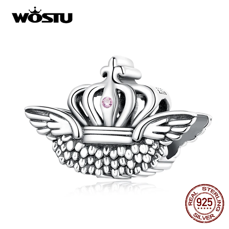 

WOSTU 925 Sterling Silver Crown Charm & Wings Zircon Bead Vintage Pendant Fit Original Bracelet For Women Jewelry CQC2260