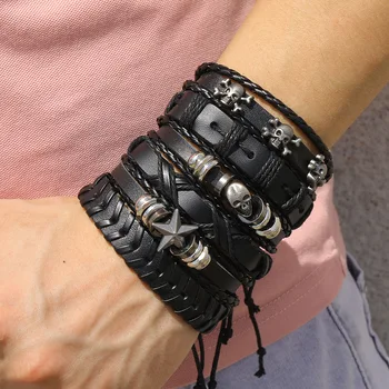 Fashion Bracelet Viking Bracelet For Men Hand Bracelets Woven Skull Hand Jewelry Adjustable Leather Set viking man bracelet